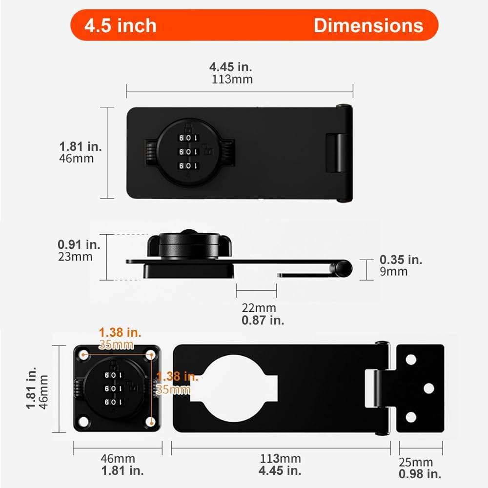 ETEKJOY Keyless Cabinet Lock 3-Digit Combination Password Hasp Latch Lock Twist Knob Wooden Drawer Cupboard Locker Gun-Safe Closet Box Home Office Security (Black, 4.5 Inch)