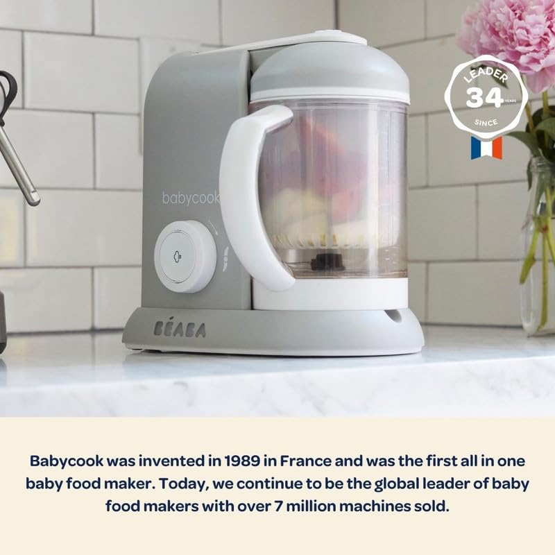 BEABA Babycook Solo 4 in 1 Baby Food Maker, Puree Steamer and Blender for Purees, Grinder with Auto Steam Cooking, Lrg Capacity 4.5 Cups 27 Servings in 20 Mins, White
