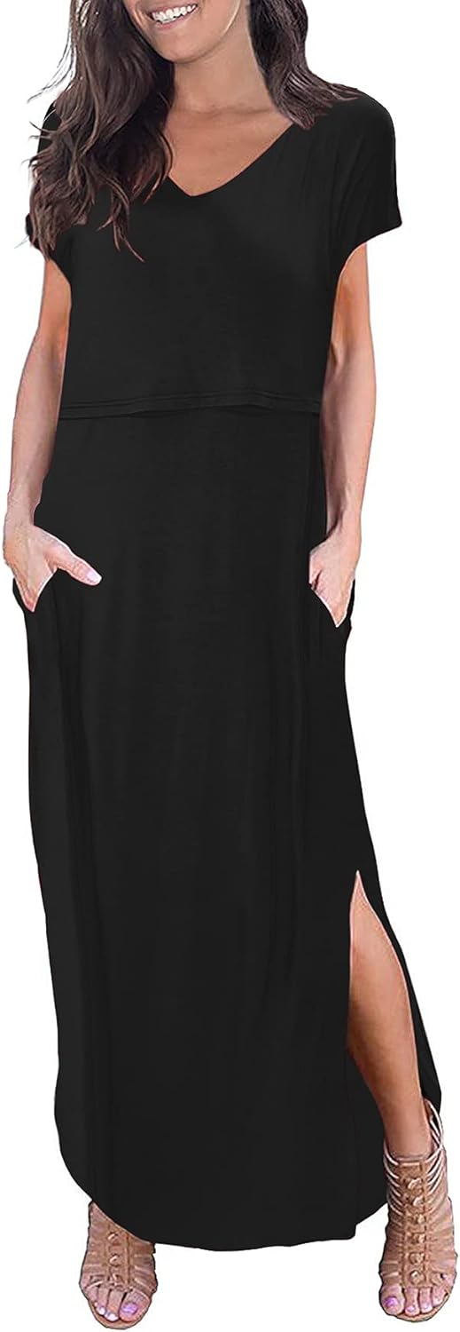 Smallshow Women's Maternity Nursing Dresses Split Long Dress for Breastfeeding