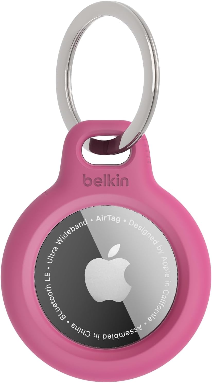 Belkin Apple AirTag Secure Holder with Key Ring - Durable, Scratch-Resistant Case with Open Face & Raised Edges - Protective AirTag Keychain Accessory for Keys, Pets, Luggage, & More - Pink