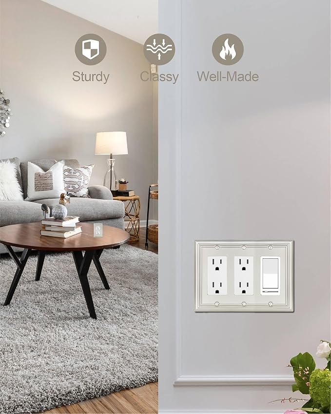 1-Pack Triple Decorator Wall Plate, Metal Electrical Outlet Cover for Receptacles, Dimmer Switches, GFCI Outlets, Satin Nickcel, Midsize, 6.77''*4.88''