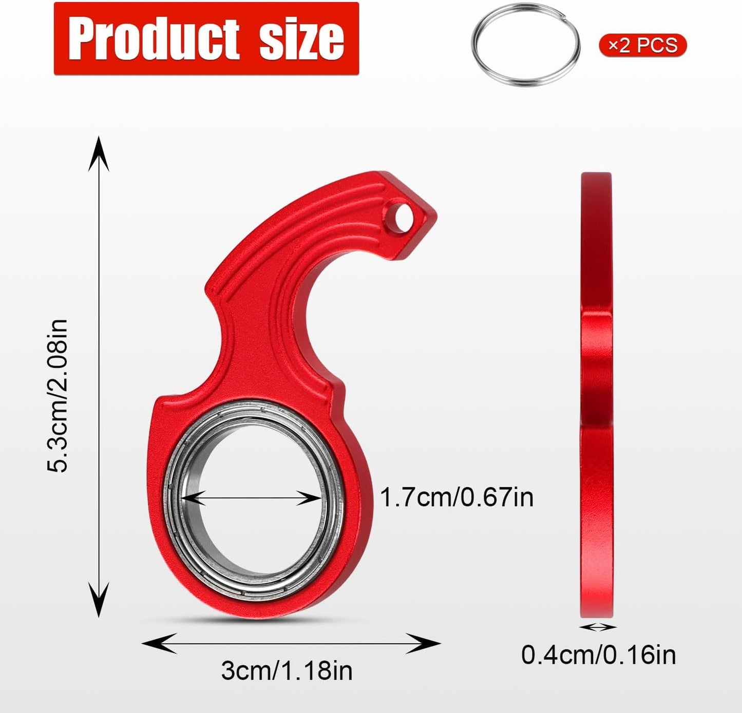 2pcs Key Chain Spinner Toys 0.67" Inner Diameter with 2pcs Key Rings, Finger Fidget Keychain Key Ring Spinner Toy Gifts for Kids Adults Finger Exercising Anxiety Relief (Silver, Red)
