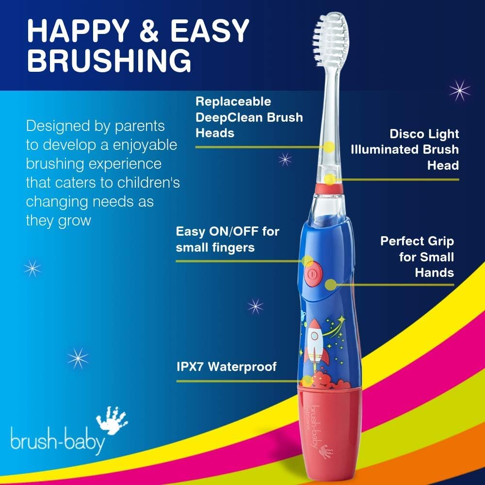 B07YVKSLHYBrush‑Baby - KidzSonic Rocket Kids Electric Toothbrush for Ages 3+ with Disco LED Lights, Gentle Sonic Vibrations, 2-Minute Smart Timer & 30‑Second Pulse Reminders – AAA Battery Included