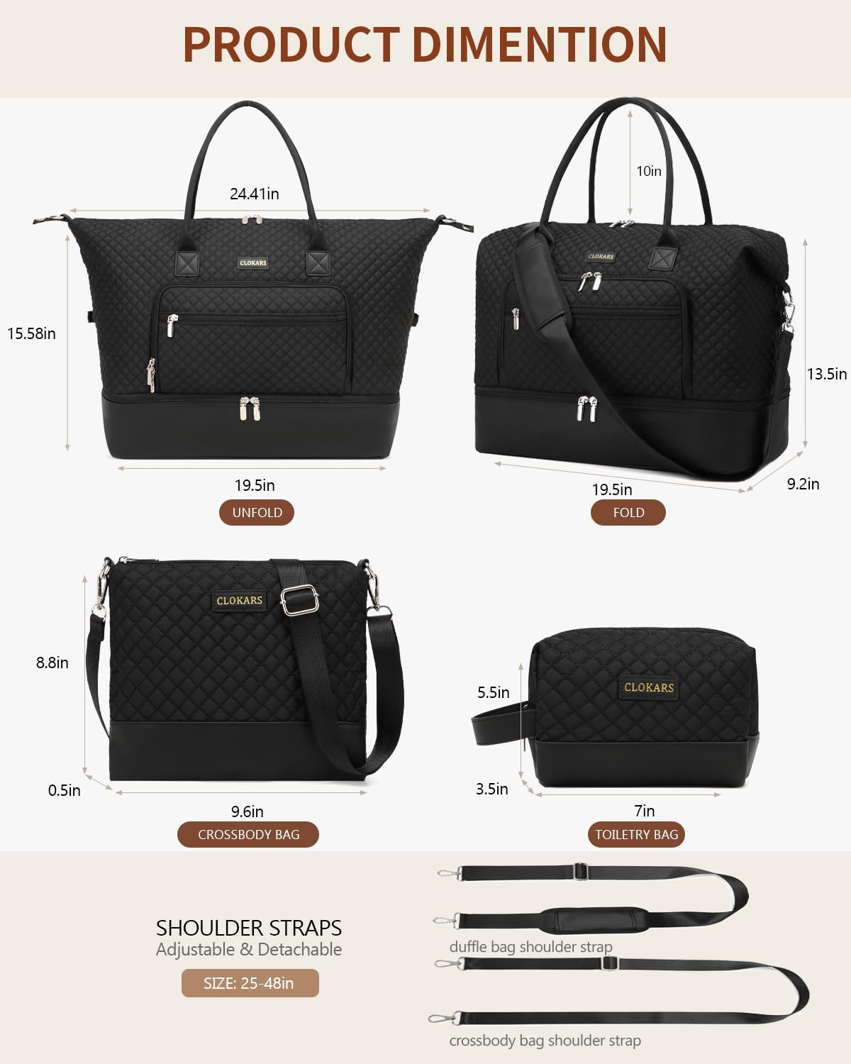 Weekender Bags for Women, Travel Duffle Bag Carry On Overnight Bag with Cosmetics Bag and Crossbody Purse for Gym Hospital, Gifts for Women, Black