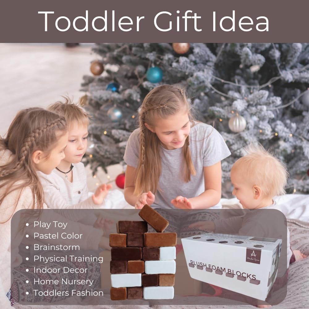 Wonder Space Plush Foam Blocks - Nursery Building & Stacking Toys for Toddlers Boys & Girls, Soft Smooth Velvet Cover, Early Education Gross Motor Skills & Brain Development (24 Bricks, Nougat)