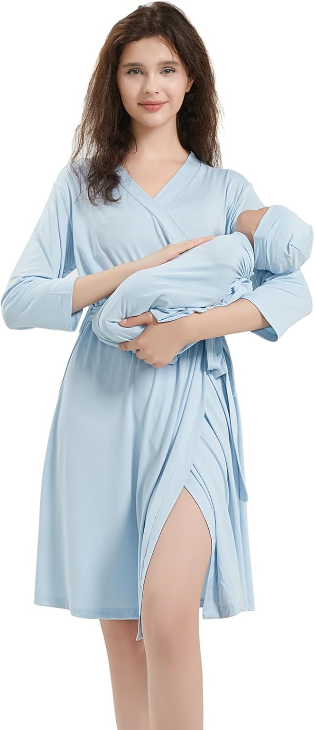 Galabloomer Maternity Robe and Baby Receiving Blanket, Matching Mommy Labor Delivery Robe and Swaddle Set (s, baby blue)