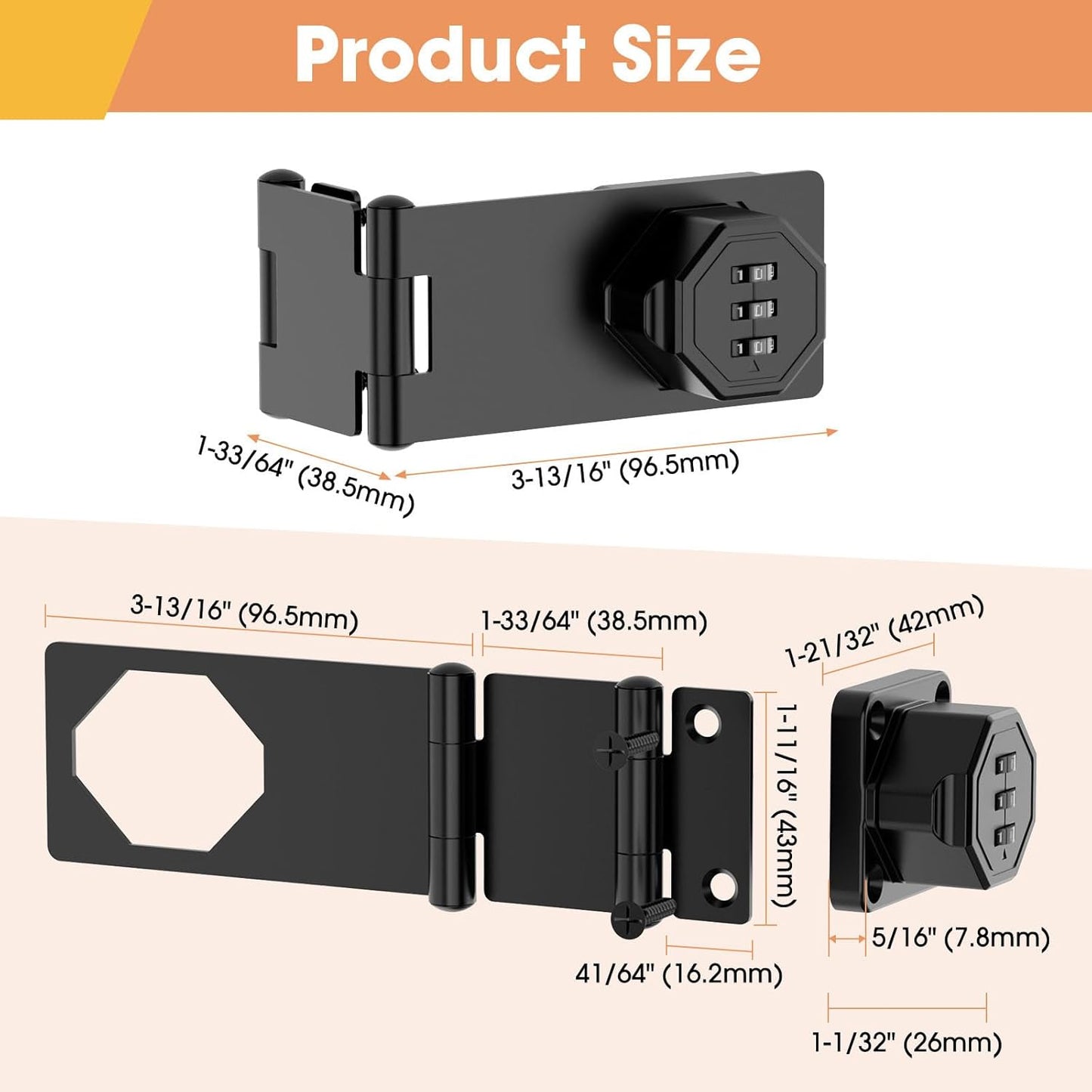 90 Degree Cabinet Locks with Combination, Mechanical Folding Door Latch, Keyless Password Rotary Hasp Latch Lock for Office File Cabinet, Drawers, Locker, Small Door, Cupboard (1, Black)