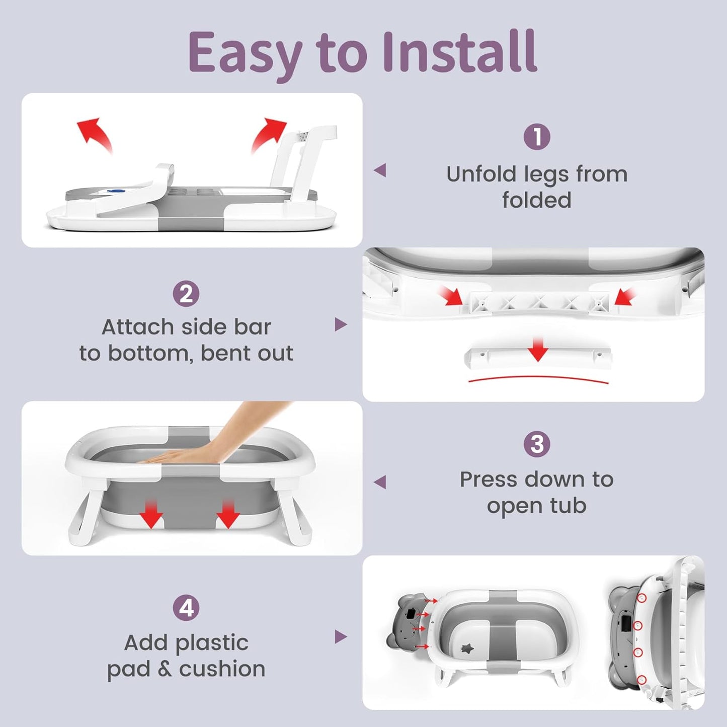 Collapsible Baby Bathtub for Newborn to Toddler (0-18 Month) - Portable Baby Bath Tub for Travel, Newborn Bathtub with Soft Towel and Floating Cushion (Gray)