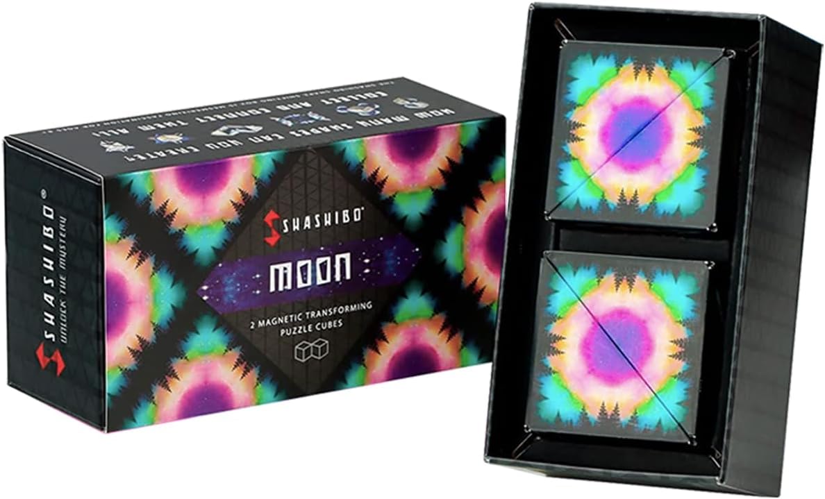 SHASHIBO Shape Shifting Box - Award-Winning, Patented Fidget Cube w/ 36 Rare Earth Magnets - Transforms Into Over 70 Shapes, Gift Box, Download Fun in Motion Toys Mobile App (Moon, 2 pack)