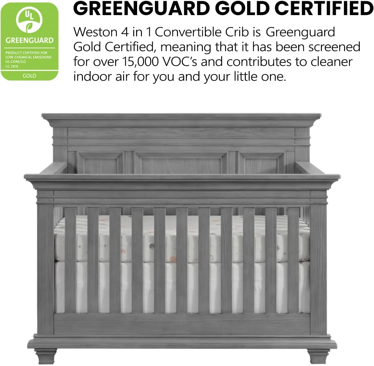 Oxford Baby Weston 4-in-1 Convertible Baby Crib, Dusk Gray, GreenGuard Gold Certified