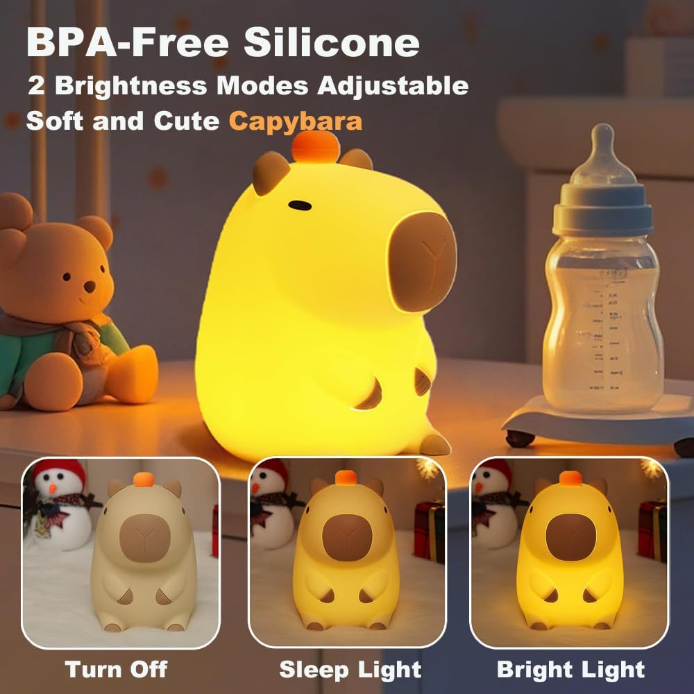 Capybara Little Night Light for Kids, Portable USB Rechargeable Animal Lamps Touch Control Lamp, Silicone Night Light with Timing Function,Children's Christmas Gifts