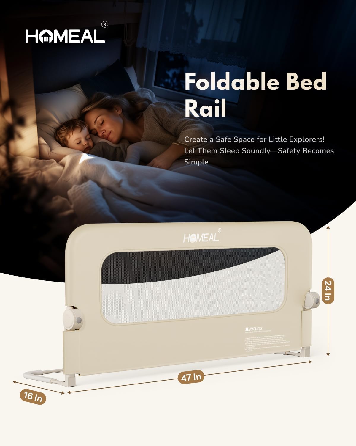 HOMEAL Bed Rail for Toddlers with U-Shape Base - 47"x24" Foldable Baby Bed Rail Guard for King Queen Full Twin Size Bed, Beige, 1 Pack