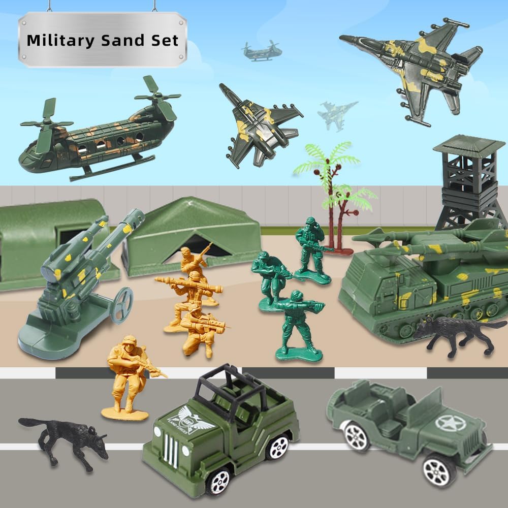 Army Play Sand Art Kit, Military Sensory Bin Filler, Sensory Bins for Toddler 3-4, with Army Men Action Figures Toys, 2.2lbs Magic Sand, Sandbox Toys for Toddlers 1-3, Sensory Sand Kit for Kids Boys