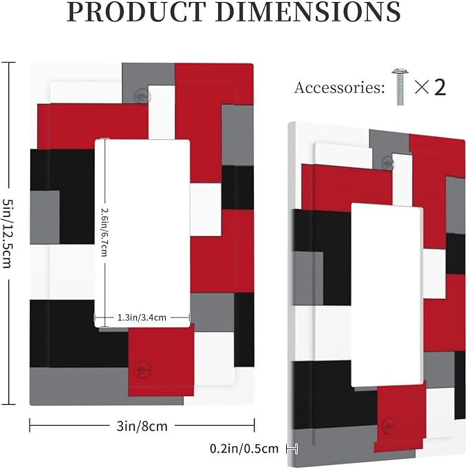 1 Gang Single GFCI/Decorator Rocker Outlet Light Switch Wall Plate Cover Modern Abstract Red Black Grey Gray White Geometric Plaid Middle Mid Century Decorative One Device Electrical Faceplate Dimmer