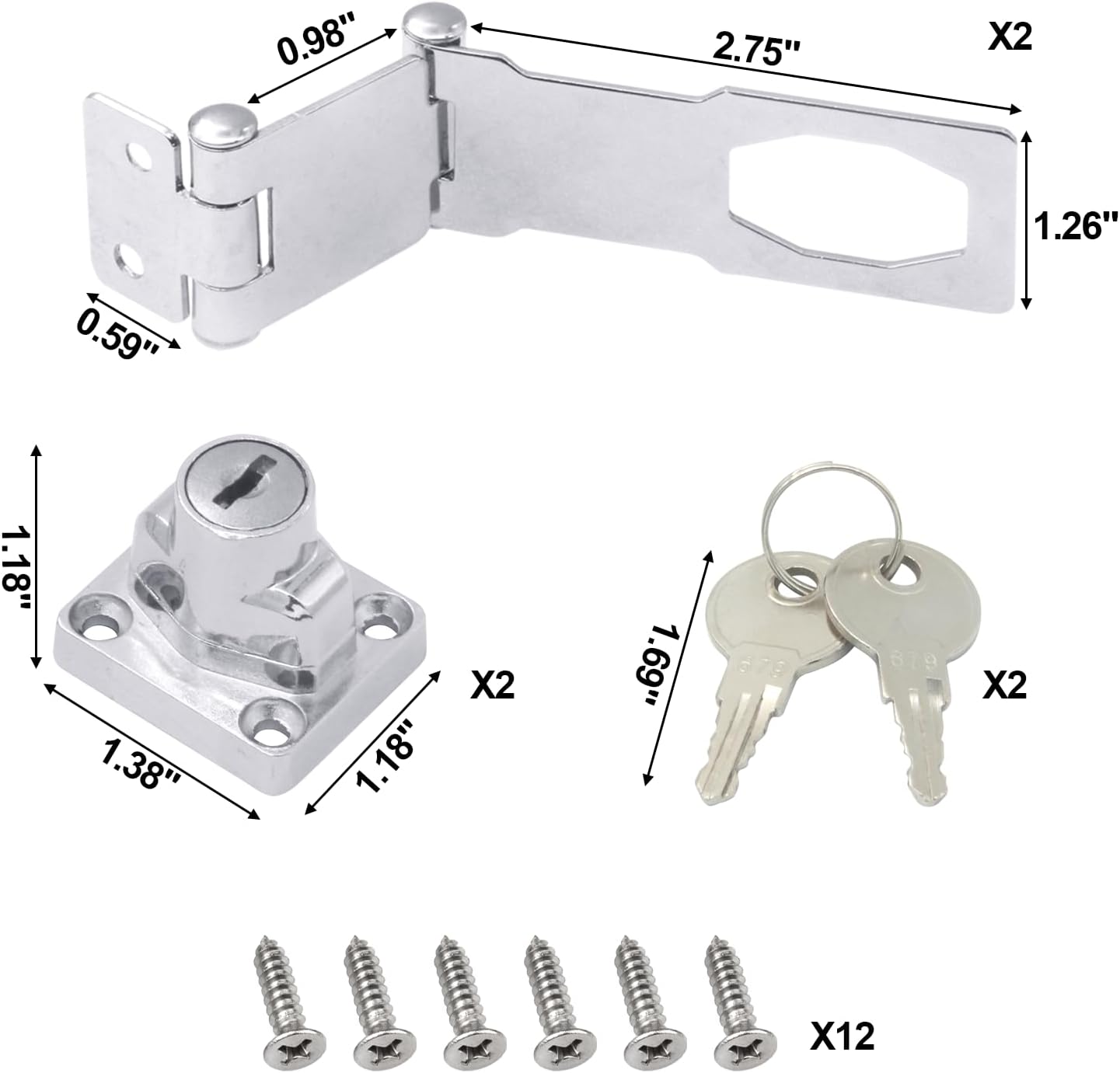 KIBBEH 2 Pack Door Lock Hasp Latchs, Collapsible Solid 304 Stainless Steel File Cabinet Lock Desk Drawer Lock, for 90 Degree and 180 Degree Drawers, Dabinets, Doors, Flip Barn Door (Universal Key)