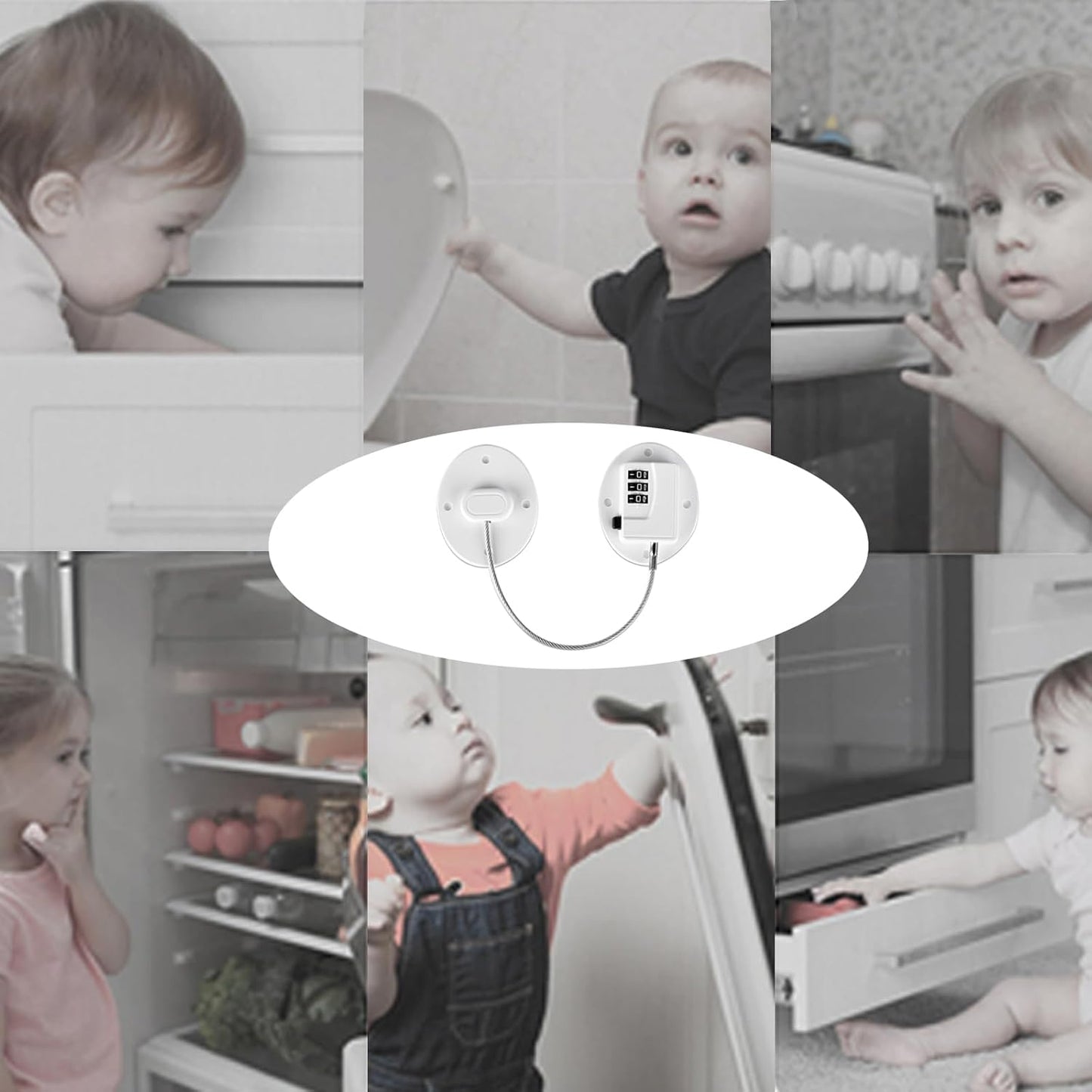 Heavy Duty Combination Refrigerator Lock (4 Pack) - Fridge Lock for Fridge, Cabinets, Drawers, Window and Cabinet Locks Baby Proofing, Strong Non-Marking Adhesive No Drilling (White)