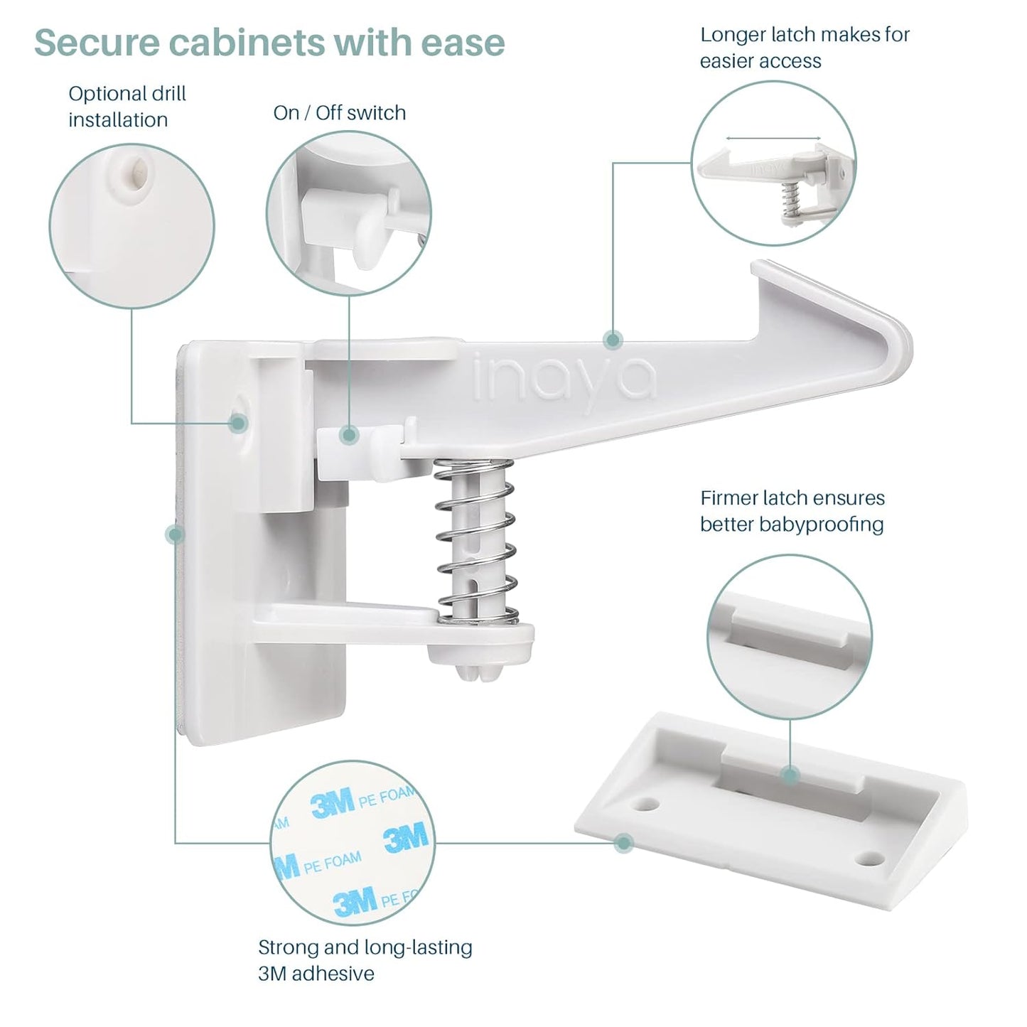 Inaya Cabinet Locks Child Safety Latches - Baby Proofing Cabinets & Drawers Locks - Child Proof Your Home - No Drilling & No Tools Required! (12 Pack - Extended Length Version)