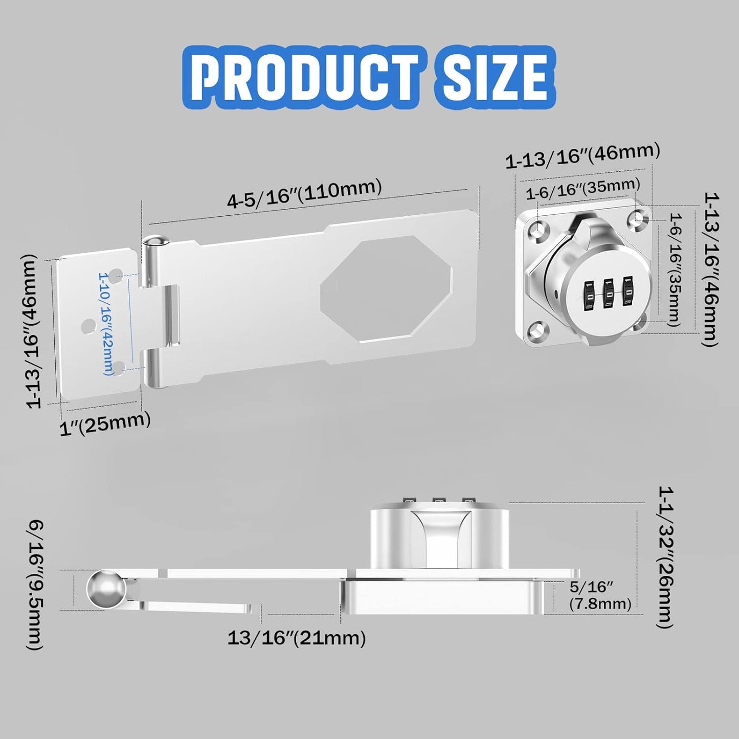 Household Cabinet Password Hasp Locks, Cabinet Locks with Combination, Door Security Slide Latch for Small Barn Doors, Bathroom, Outdoor, Garden (4 Pack Silver)