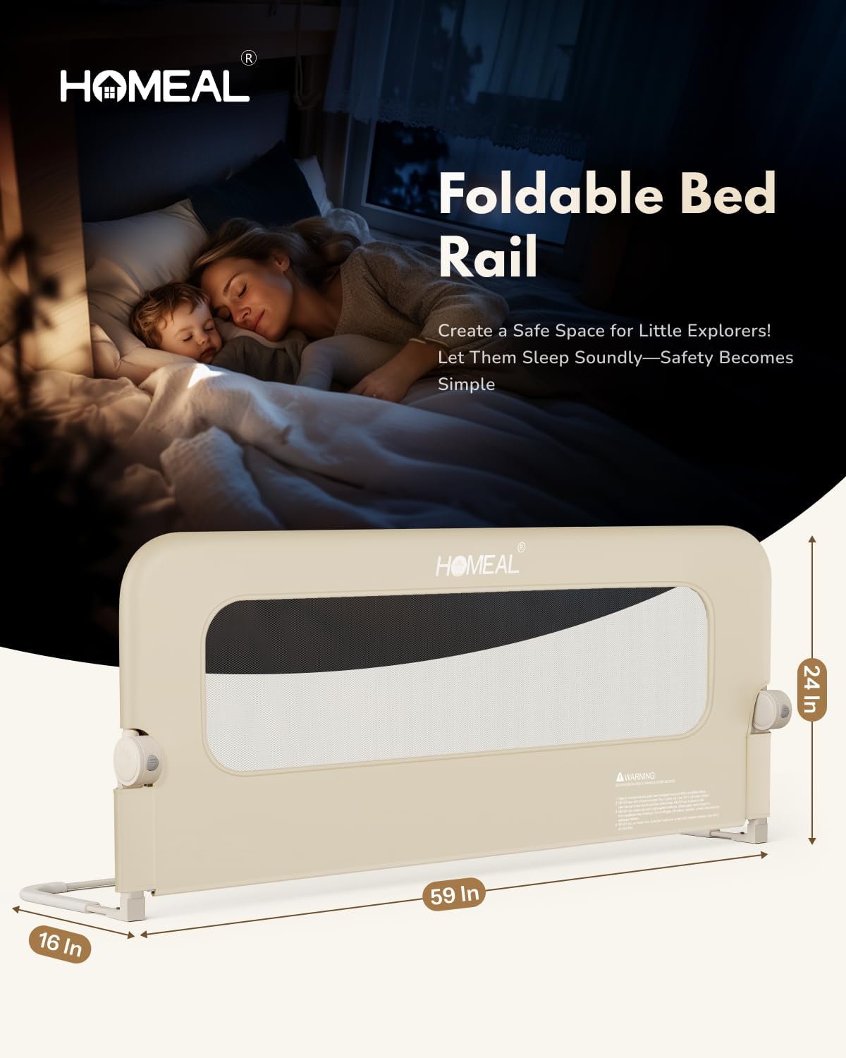 HOMEAL Toddler Bed Rails - 59"x24" Extra Long Bed Rail for Toddlers with U-Shape Base, Baby Bed Safety Guard for Twin, Full, Queen, King Mattress Bed, Beige, 1 Pack