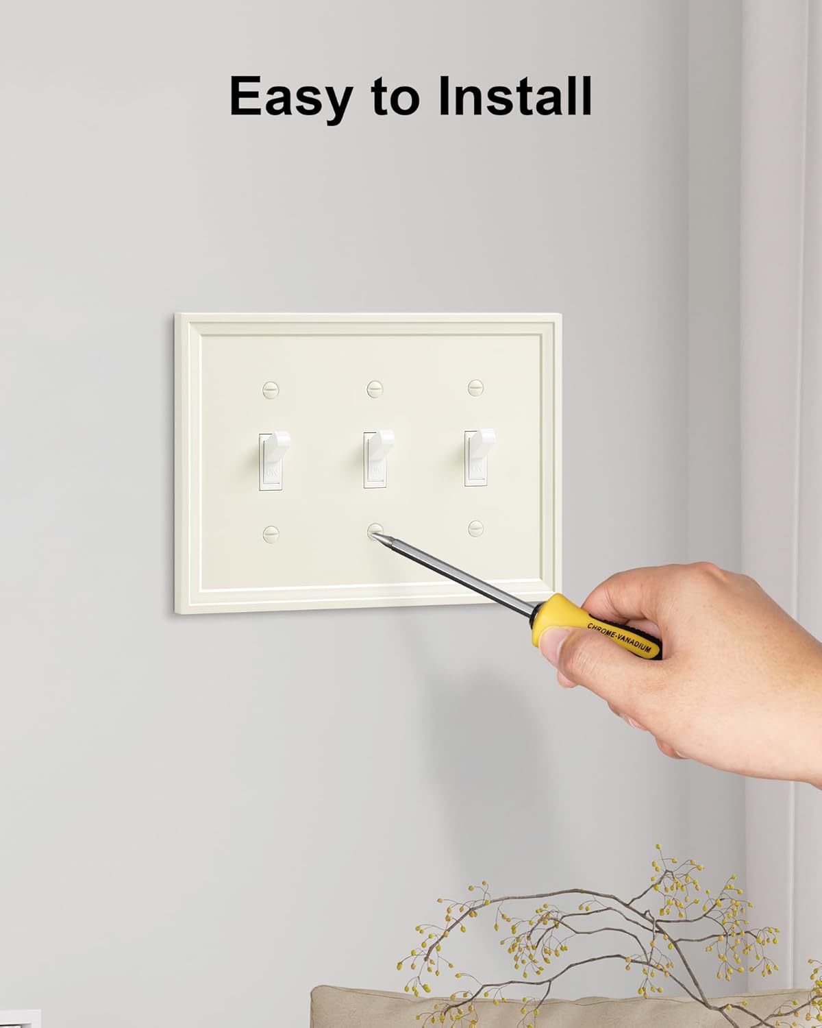 2-Pack Triple Toggle Light Switch Cover Plate, Light Almond Decorative Switch Plate Covers, Natural Bamboo Fiber 3 Gang Wall Plate, Corrosion Resistant