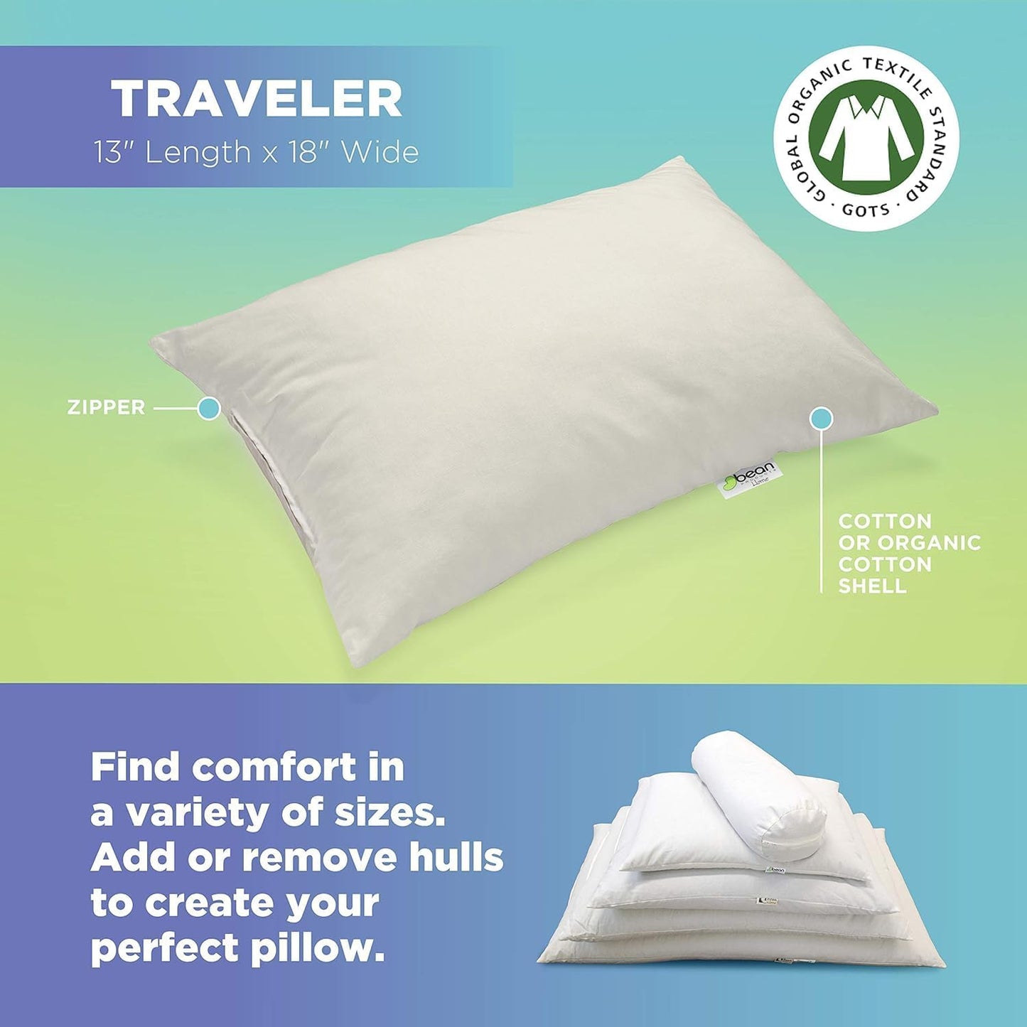 Bean Products 13" x 18" Travel Bed Pillow for Sleeping β Organic Millet Fill with Organic Cotton Fabric, Soft Toddler Head Pillow β Eco-Friendly, Breathable, and Durable Sleep Aid, Made in The USA