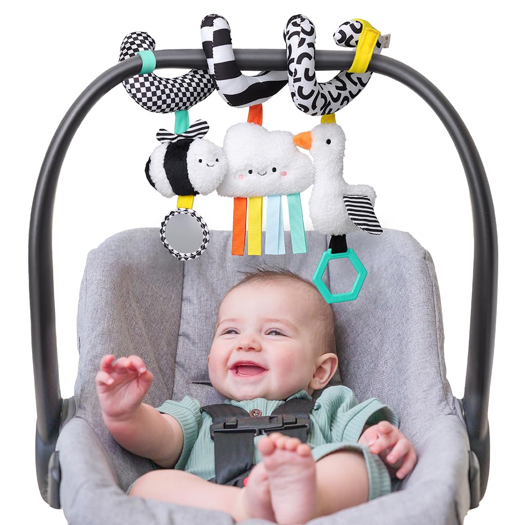 Itzy Ritzy Spiral Car Seat & Stroller Activity Toy - Stroller & Car Seat Toys for Ages 0 Months and Up - Hanging Toys Include Dangling Ring, Mirror and Textured Ribbons (High Contrast)
