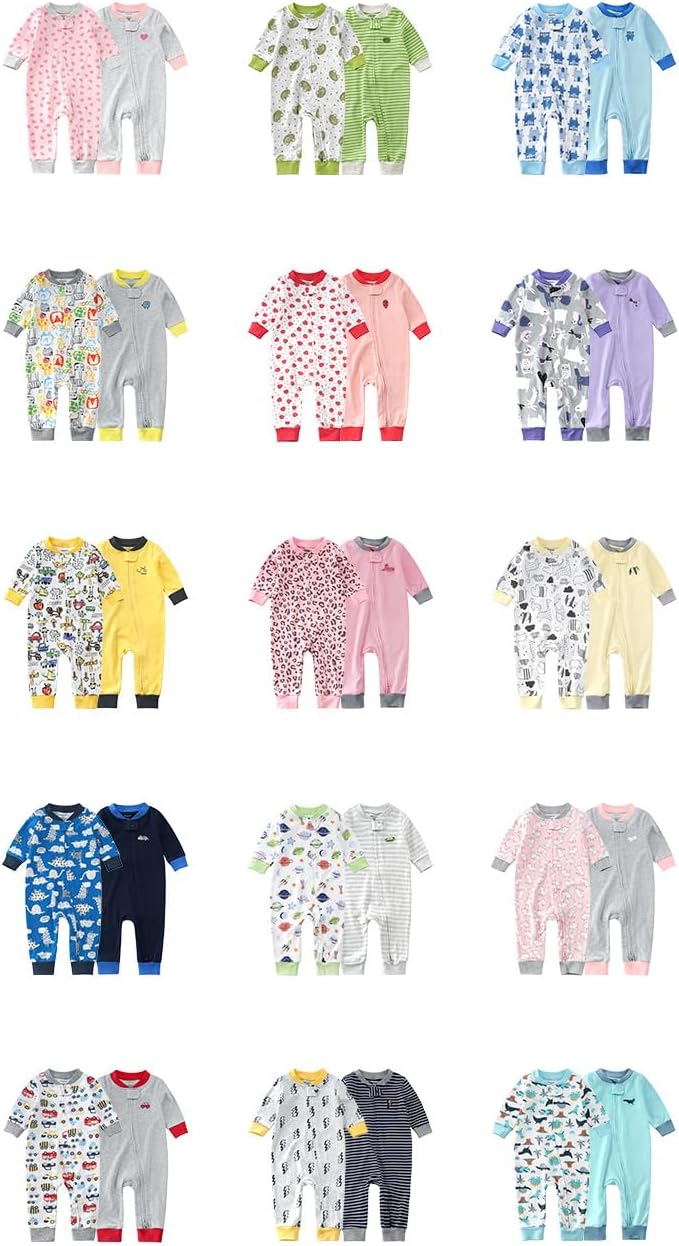 Teach Leanbh Baby 2-Pack Footless Pajamas Cotton Long Sleeve Printing 2 Way Zipper Romper Jumpsuit Sleep and Play 3-24 Months