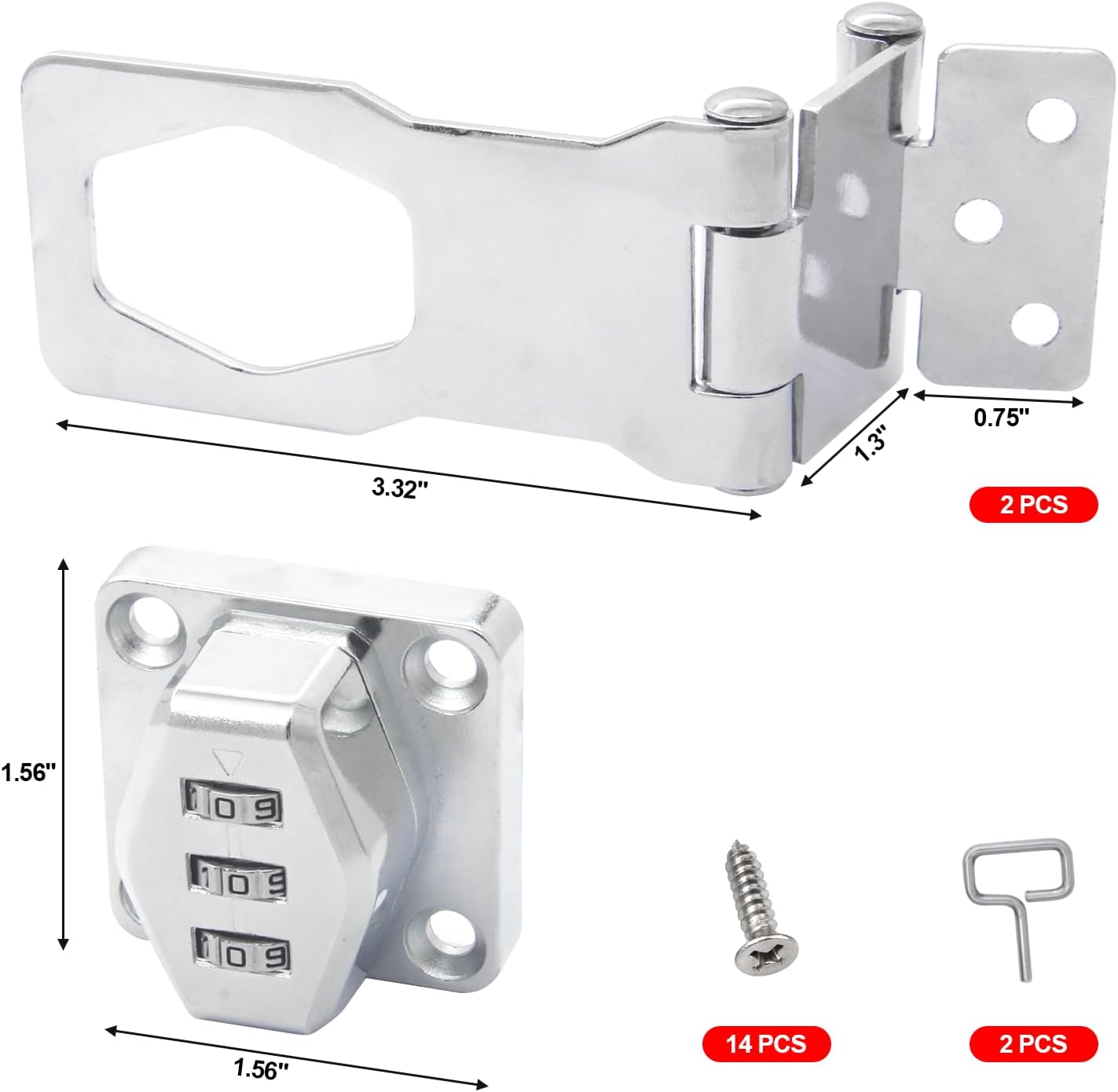 2 Pack Password Rotary Hasp Locks, Collapsible Solid 304 Stainless Steel File Cabinet Lock Desk Drawer Lock, for 90 Degree and 180 Degree Drawers, Dabinets, Doors, Flip Barn Door, Outdoor