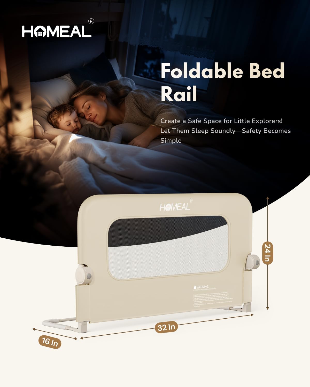 HOMEAL 32"x24" Bed Rail for Toddlers - Foldable Bed Side Rail with U-Shape Base, Baby Bed Rail Guard for Twin, Full, Queen, King Mattress, Beige, 1 Pack