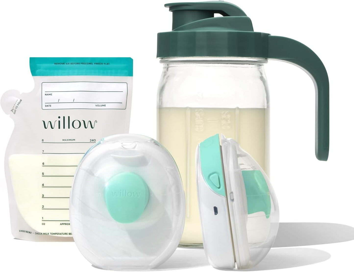 Willow - Go Double Hands Free Breast Pump w/Milk Bags and Glass Milk Pitcher Bundle