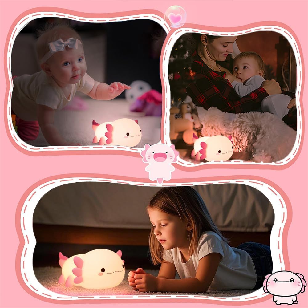 Cute Axolotl Night Light for Kids Bedroom, Animal Silicone Nursery Night Lamp Touch Control Nightlights USB Rechargeable Bedside Lamp for Baby Children Toddlers Girls Gift (Pink Axolotl)