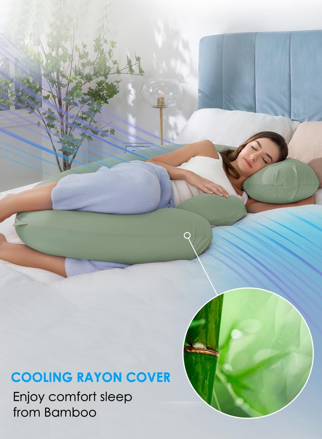 QUEEN ROSE Cooling E Shaped Pregnancy Pillows, Detachable Body Pillow for Sleeping, with Pregnancy Wedge Pillow for Belly Support, Cooling Rayon Cover,Green