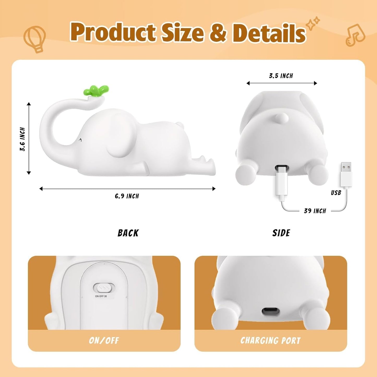 Silicone Elephant Night Light for Kids - 3-Level Dimmable & Rechargeable LED Lamp, Touch Control Soft Animal Light for Nursery, Baby Room Decor