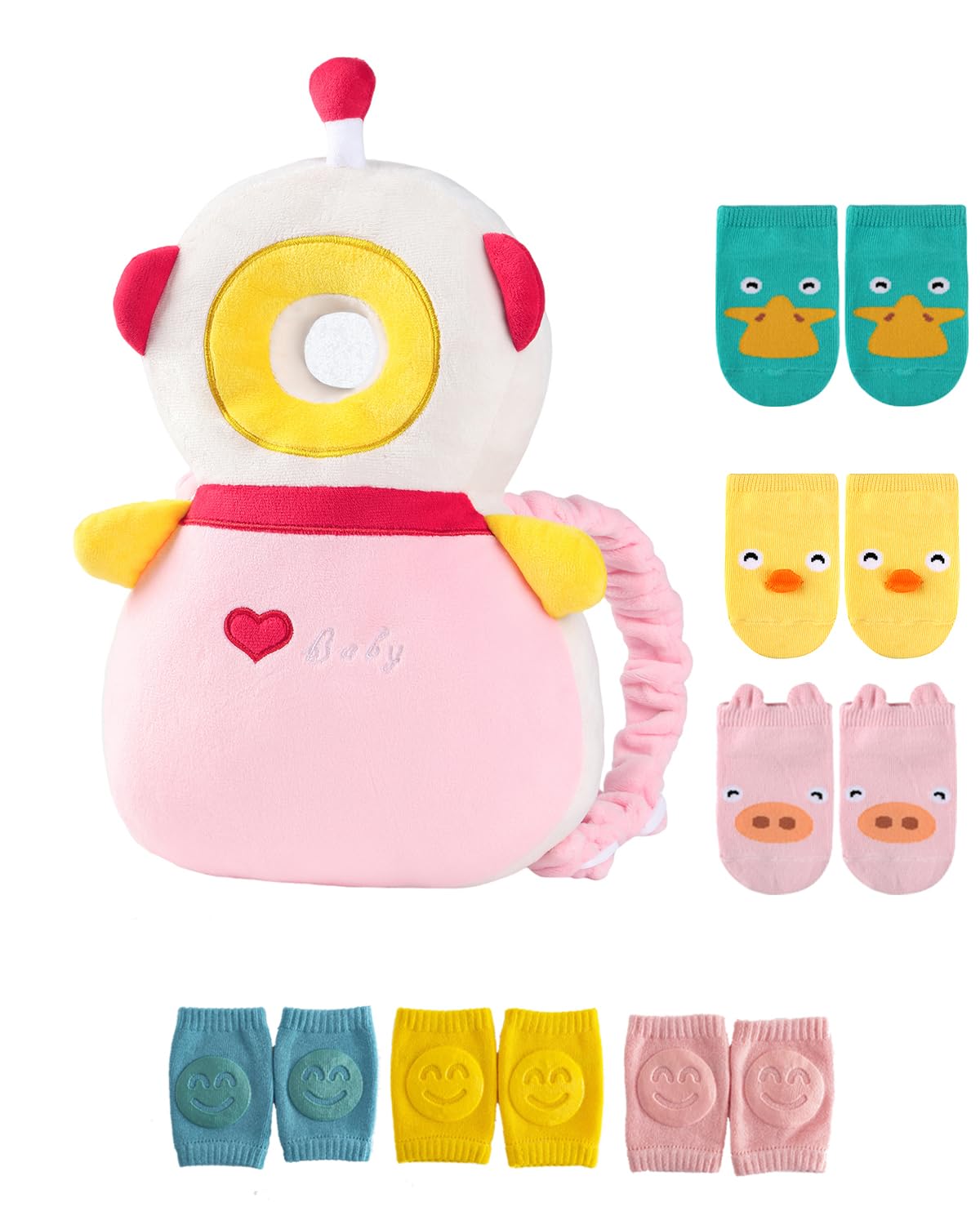 JunNeng Toddler Baby Head Protector Backpack for Toddler Walker with Knee Pads&Anti-Slip Socks, Robot Pink