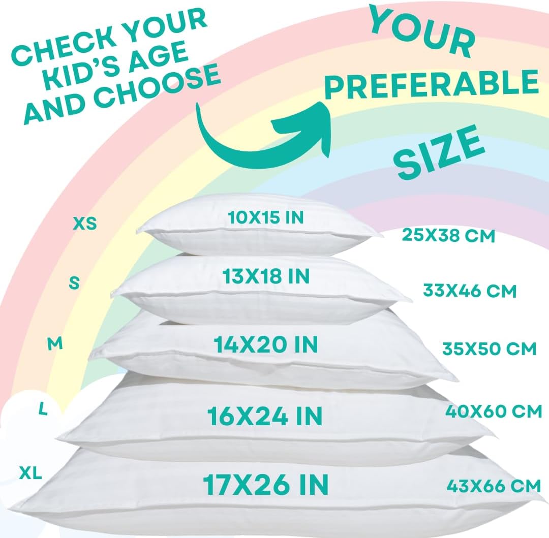 kinder Fluff Children Pillows (2X) - The Only Twin Pillows for Kids 300T Cotton Shell & Down Alternative Fill - Ideal for Travel, Bedding Set & Floor Cushions (16x24in - White)