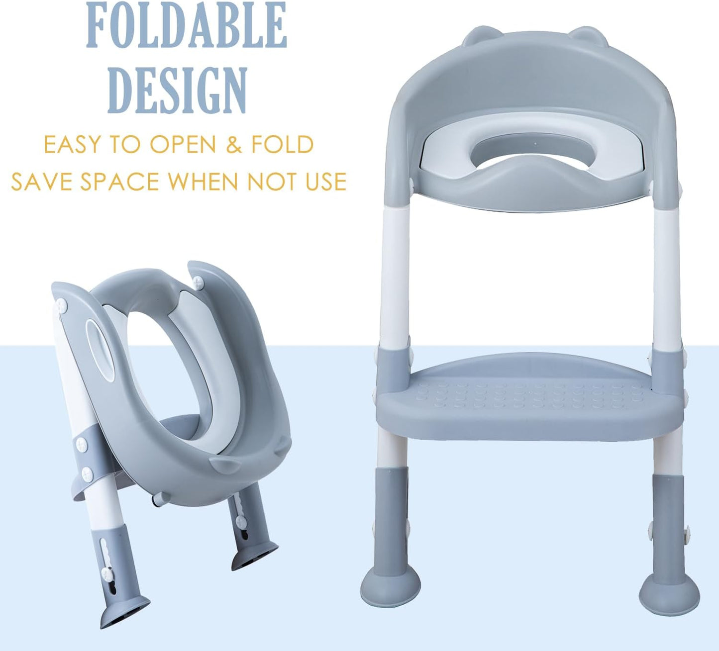 Potty Training Toilet Chair Seat with Step Stool Ladder for Kids and Toddler Boys Girls - Foldable Height Adjustable Children Toilet Training Seat with Safe Handles & Anti-Slip Pads, White-Grey