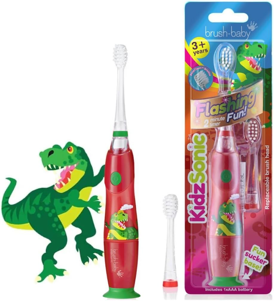 Brush‑Baby - KidzSonic Dinosaur Kids Electric Toothbrush for Ages 3+ with Disco LED Lights, Gentle Sonic Vibrations, 2-Minute Smart Timer & 30‑Second Pulse Reminders – AAA Battery Included