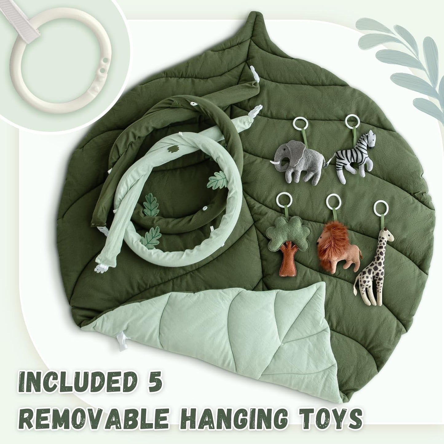 Baby Play Gym with Mat Leaf Shaped, Baby Play Mat with 6 Hanging Toys Tummy Time Mat, Baby Gym Activity Center, Washable (Green)