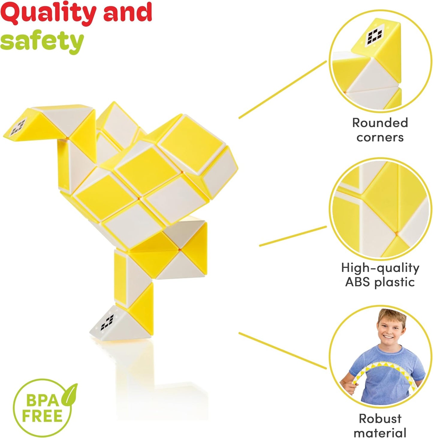 CUBIDI® Magic Snake Cube | Fidget Snake Toy for Kids | Travel Toys for Kids Ages 4-8 | Great Gift for Boys and Girls Birthday, Christmas, Stocking Stuffers - 36 Blocks | 0.9 inch x 0.7 inch | Yellow