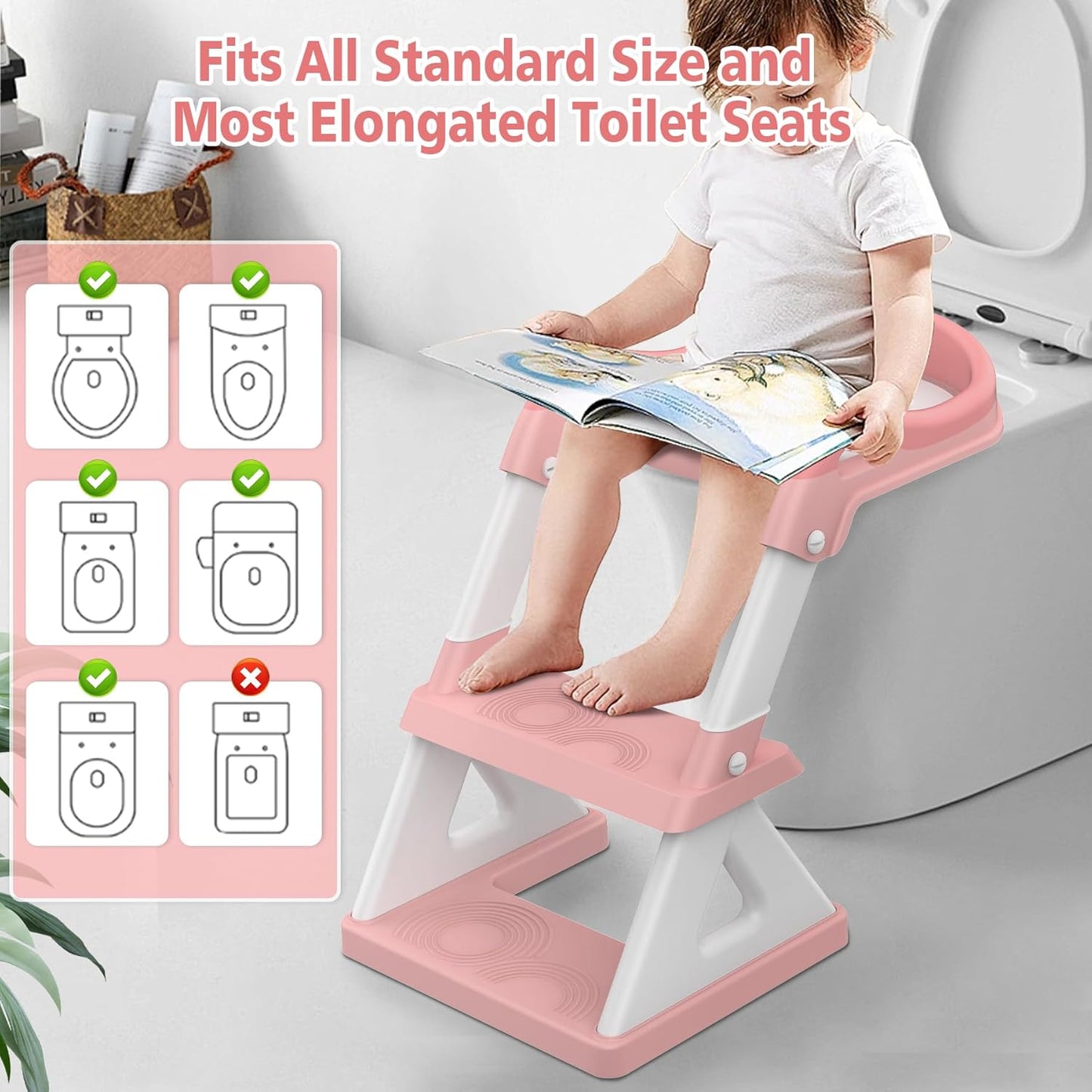 2 in 1 Potty Training Toilet Seat & Toddler Step Stool, Bottom Triangle Stability Toddler Toilet Seat, Adjustable Step & Seat Height Potty Seats for Toddlers Boys Girls (Pink)