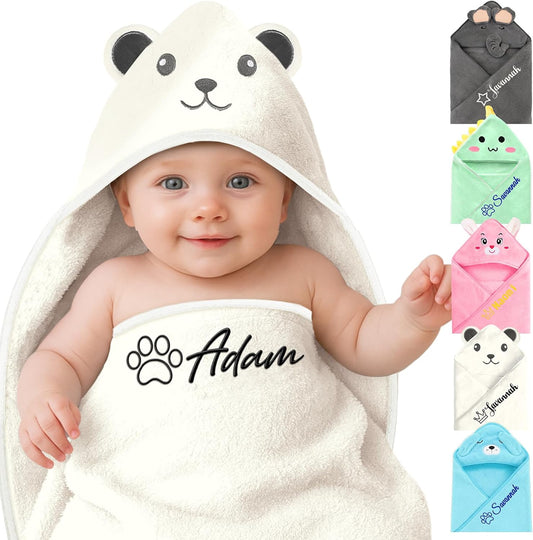 Personalized Baby Towels Hooded with Name, Custom Toddler Bath Towel with Hood for Girl Boy, Warm Swaddle Blanket, Customized Newborn Gifts - Embroidered (White Bear)
