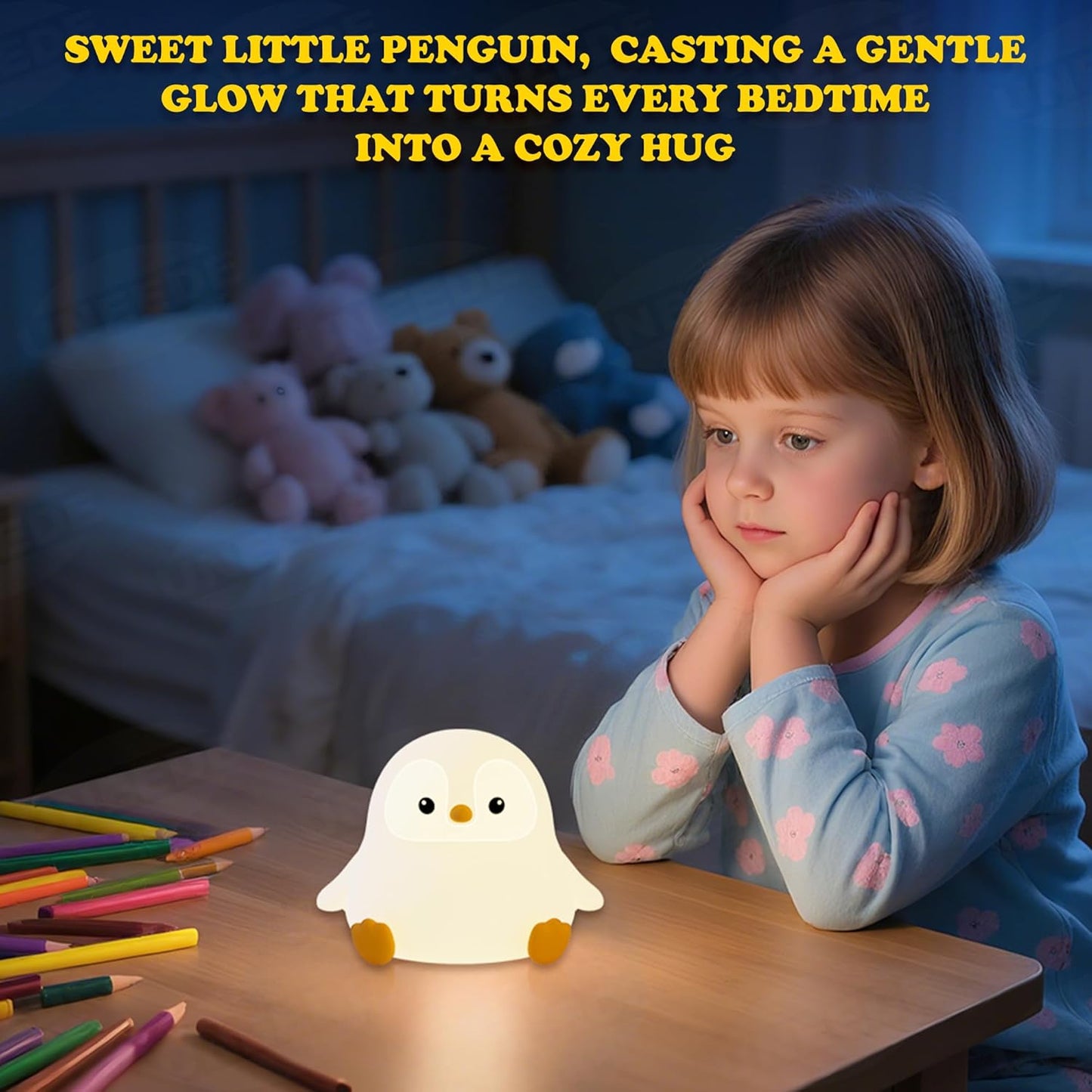 UNEEDE Sitting Penguin Night Light with Removable Floppy Bunny Ears - Silicone Touch Lamp, USB Rechargeable, Dimmable Nursery Light for Kids & Holiday Decor