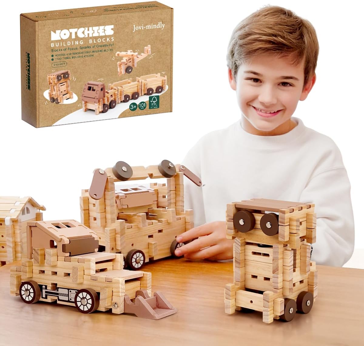 Jovi-mindly&Notchies Wooden Blocks Train Set 101 PCS Create 40+ Shapes,Toys Educational Wooden Building Blocks Puzzles for Kids Ages 5-8 Boys and Girls,Truck/Excavator,FSC Certified,Graduate Gifts