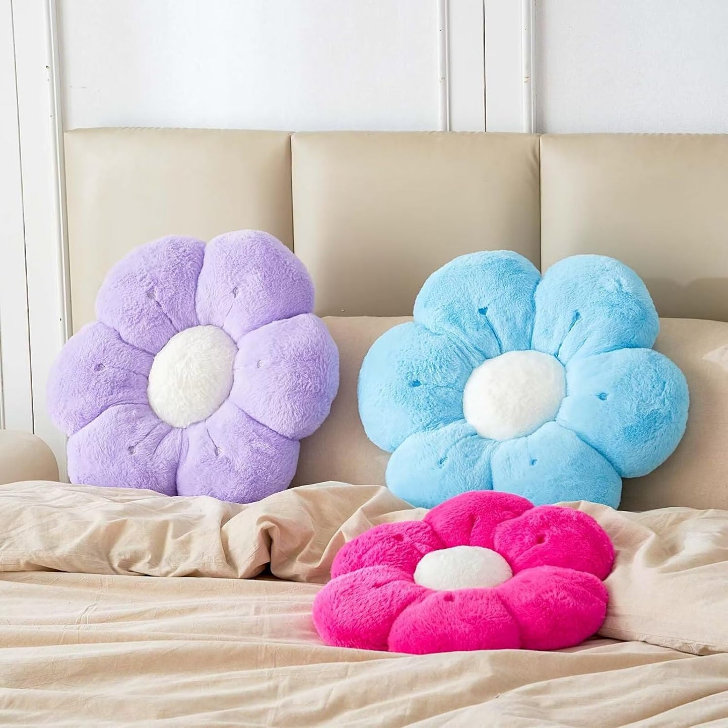 Flower Pillow, Cute Flower Shaped Decorative Pillow, Soft Rabbit Fur Daisy Pillow Home Decor Floor Seating Cushion for Bedroom Living Room (Blue 19.6 Inch)