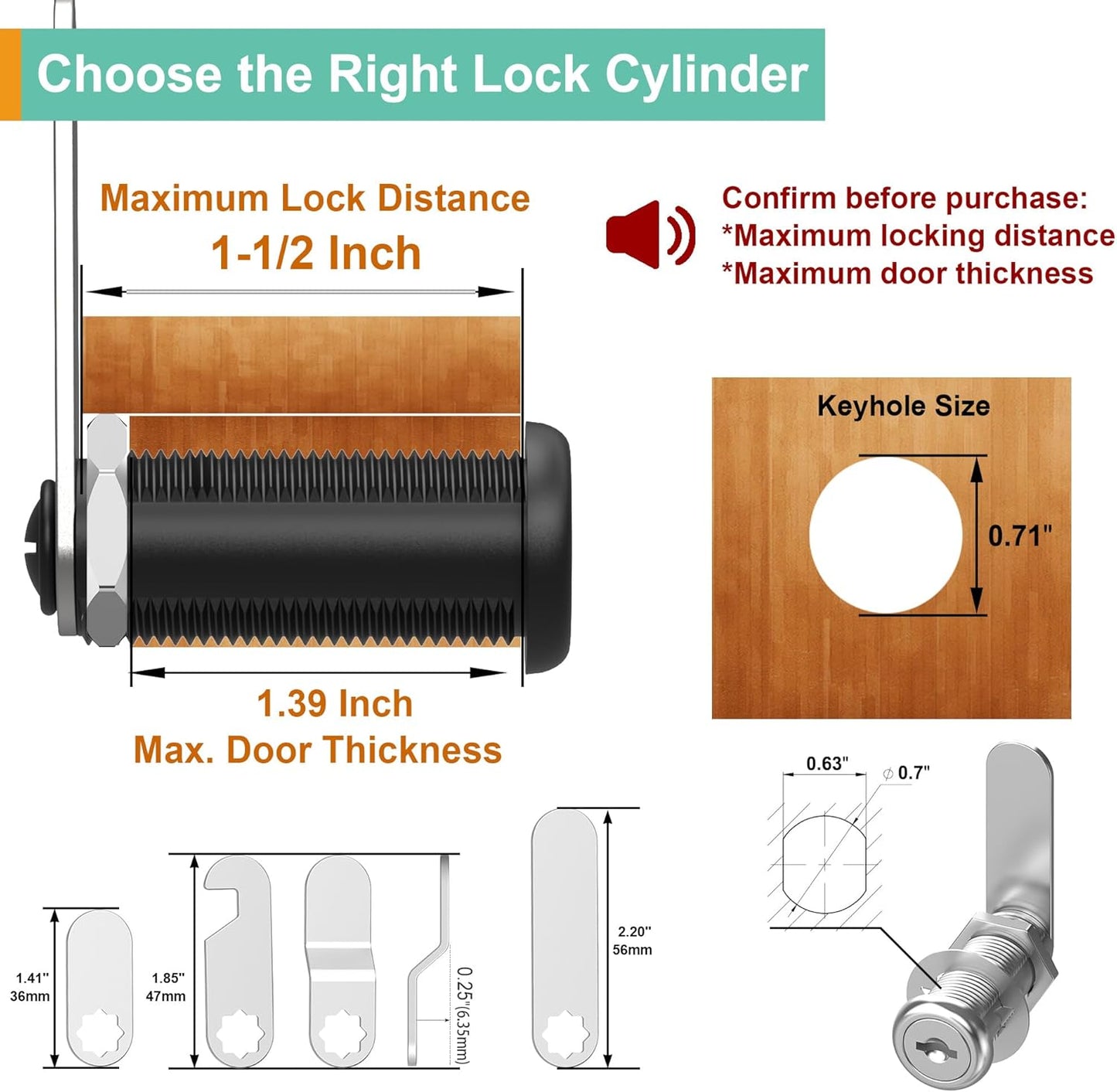 3 Pcs Cabinet Locks with Keys, 1-1/2'' Cam Lock Keyed Alike Fit 1-3/8'' Max Panel, Secure RV Locks for Cabinet Drawer Mailbox Lock Replacement, Zinc Alloy
