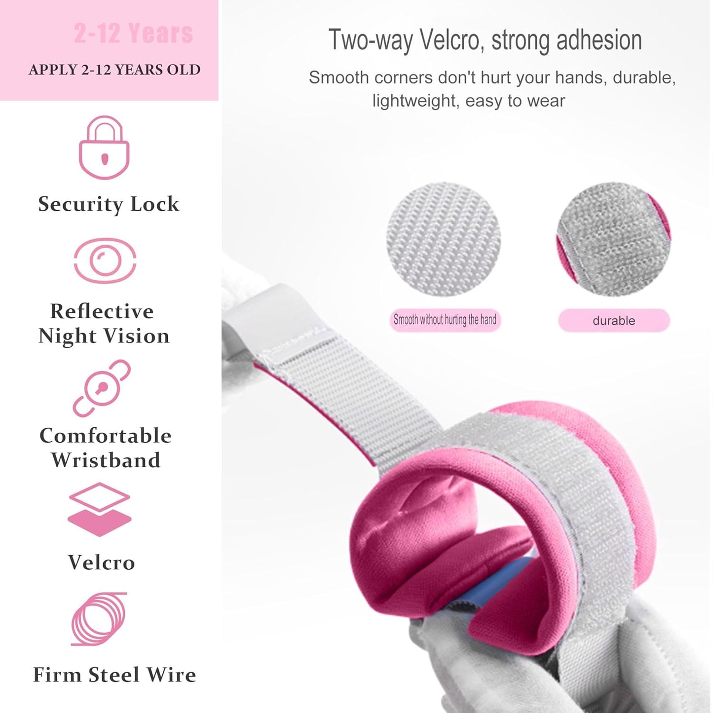 Toddler Harness Walking Leash- Child Anti Lost Wrist Link - Child Safety Harness - Upgrade with Reflective(6.5ft) - for Boys and Girls,Not Easy to Open Without Key (Pink)