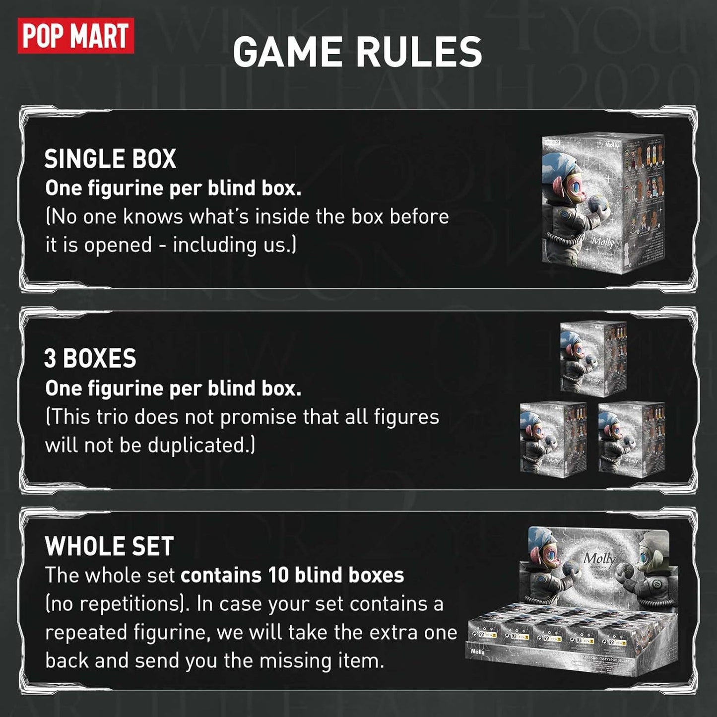 POP MART Molly Anniversary Statues Classical Retro Blind Box Figures, Random Design Toys for Modern Home Decor, Collectible Toy Set for Desk Accessories, 3PC