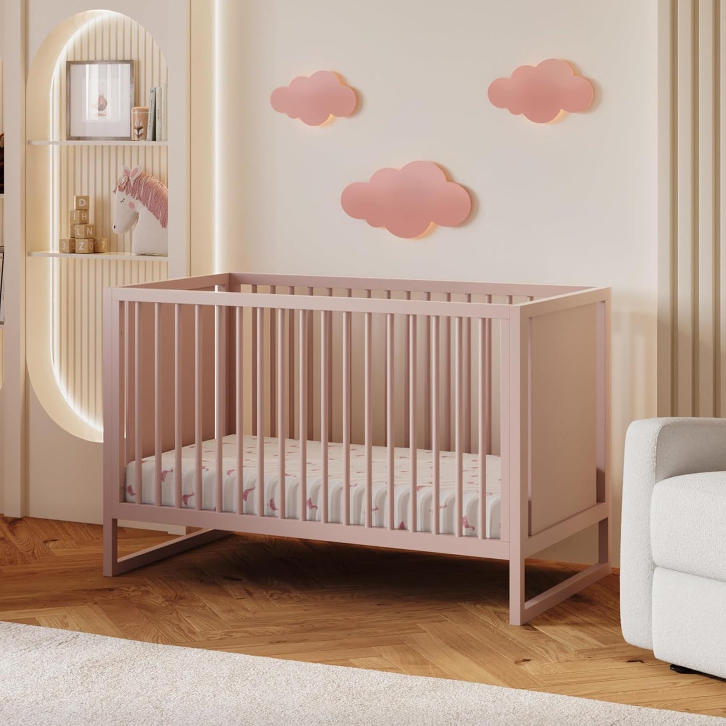 Nurture& The Crib - Baby, Toddler Convertible Crib | Sustainable Non-Toxic Materials | 3 Adjustable Heights - Grows with Your Baby (Toddler Guardrail NOT Included) (Blush)