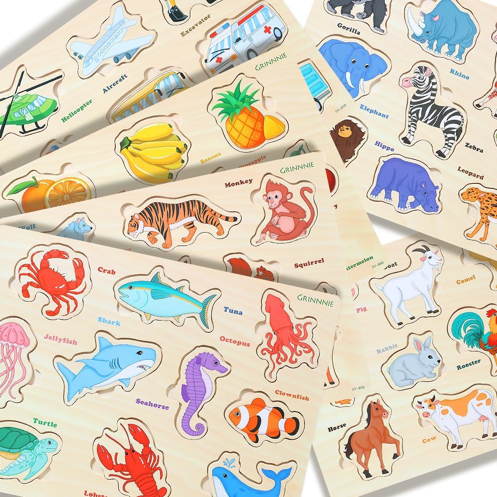 GRINNNIE Wooden Toddler Puzzle for Age 2 3 4 Years Old, 6 PCS Toddlers Learning Puzzle Set - Animal, Fruit, Sea Creature and Vehicle, Educational Toy Birthday for 3-5 Boys Girls