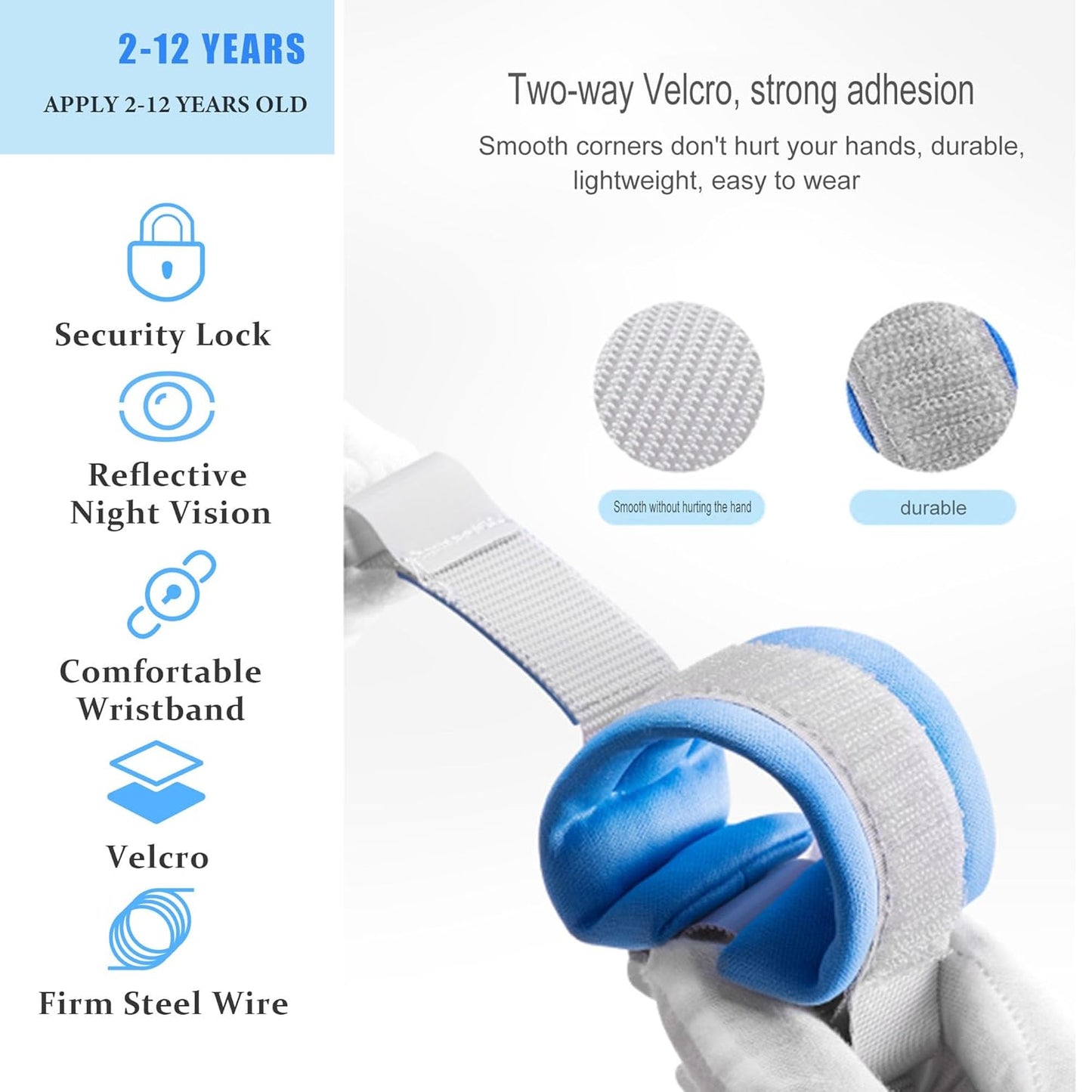 Anti-Lost Wrist Link, Blue Reflective Anti-Lost Wrist Chain with Child Lock 6.56 feet.